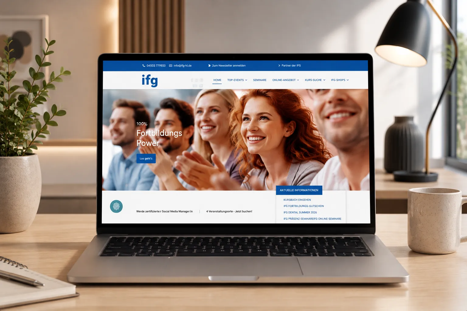 Startseite der neuen IFG-Fortbildungsplattform mit Hauptnavigation und aktuellen Kursinformationen