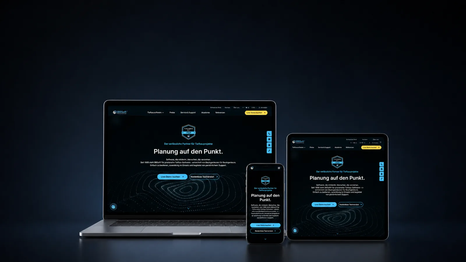 The new BBSoft website on laptop, tablet and smartphone with dark design and the claim Planung auf den Punkt