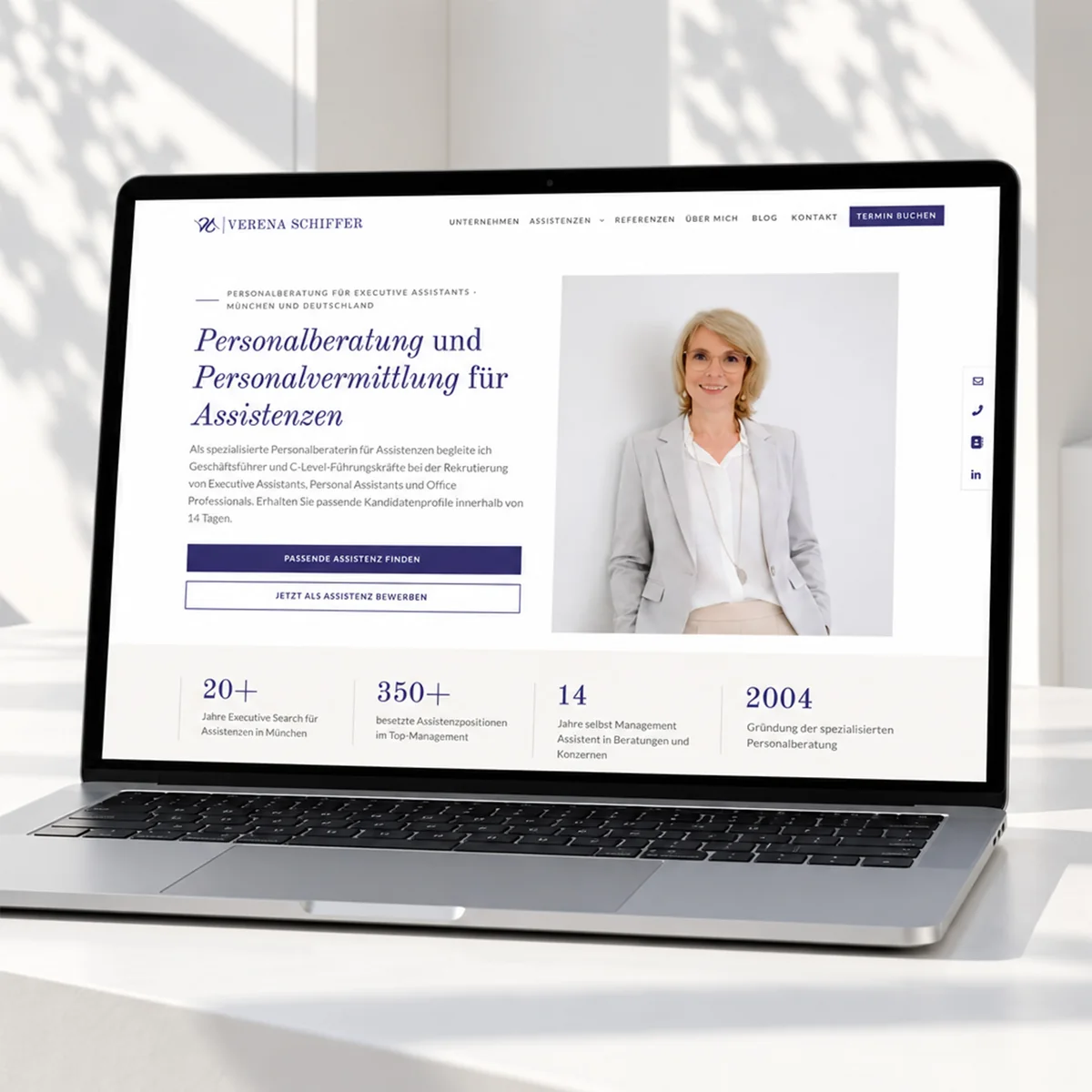 The new website of Verena Schiffer on several devices, with serif headings and calm imagery